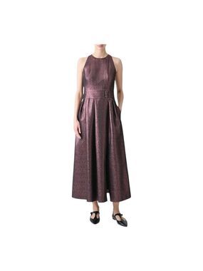 Women's Akris Punto Metallic Purple Crepe Belted Midi Dress Size 6